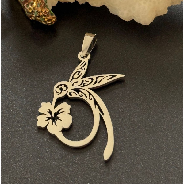 Pendentifs avec Bélière Oiseau, Colibri et Fleur d’Hibiscus – Acier Inoxydable 304 Argenté