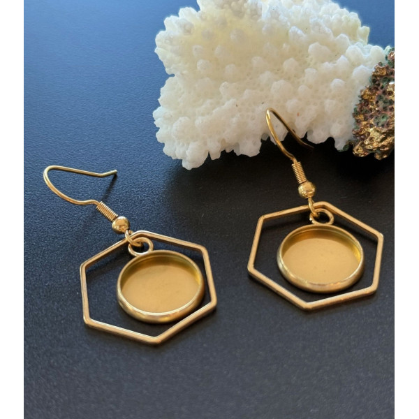 Supports de Boucles d’Oreilles Hexagone avec Plateau 12 mm – Acier Inoxydable 304 Doré