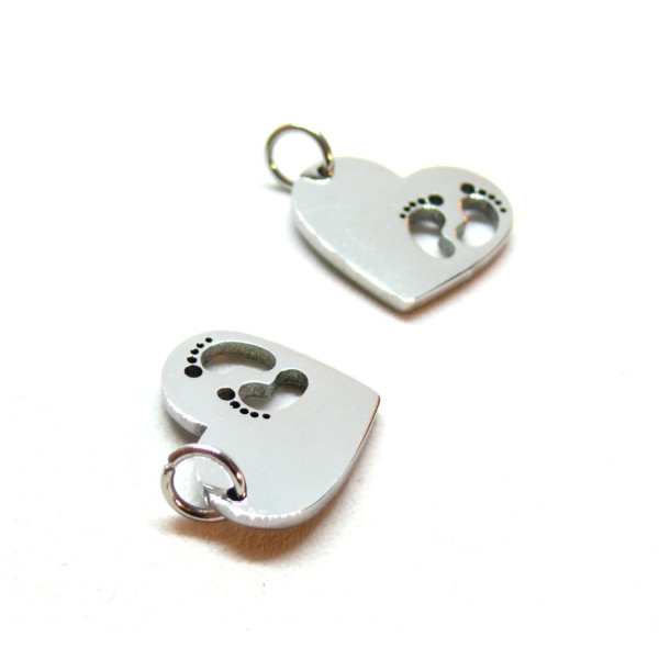 Pendentifs avec anneau Petits Pieds dans Cœur 17x13mm – Acier Inoxydable 304 Argenté