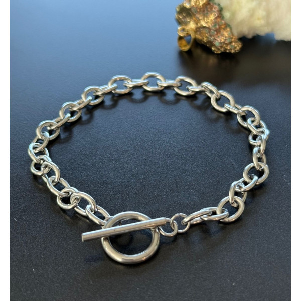 Bracelets  19.4cm maille Ovale  8 par 6 mm et T Toggle  – Acier Inoxydable 304 Argenté