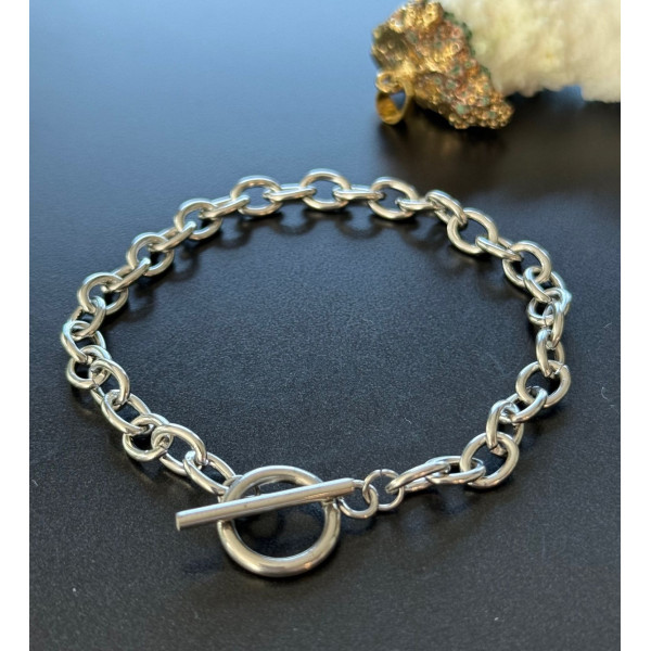 Bracelets  19.4cm maille Ovale  8 par 6 mm et T Toggle  – Acier Inoxydable 304 Argenté