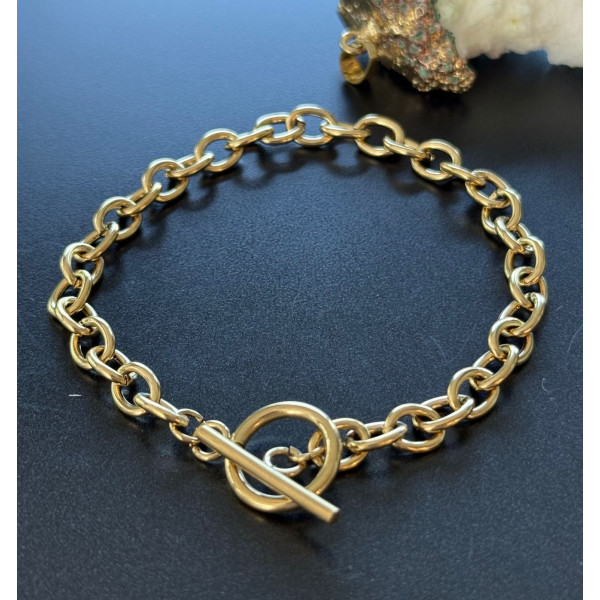 Bracelets  19.4cm maille Ovale  8 par 6 mm et T Toggle  – Acier Inoxydable 304 Doré