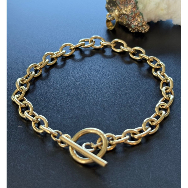 Bracelets  19.4cm maille Ovale  8 par 6 mm et T Toggle  – Acier Inoxydable 304 Doré