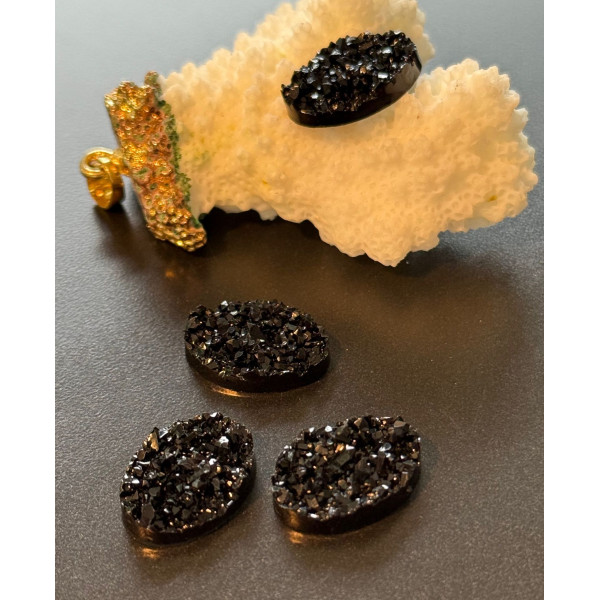 Cabochons Plat Druzy Ovale Noir 13x18mm en Résine
