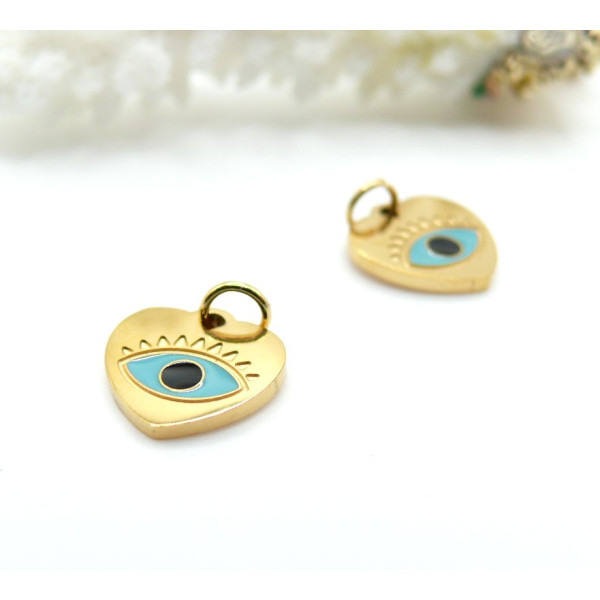 Pendentif Coeur Amulette Oeil 10mm – Acier Inoxydable 316 Doré or 14K