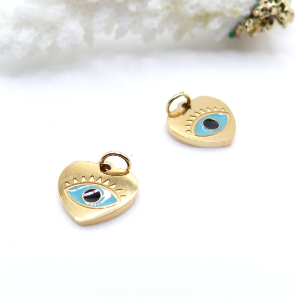 Pendentif Coeur Amulette Oeil 10mm – Acier Inoxydable 316 Doré or 14K