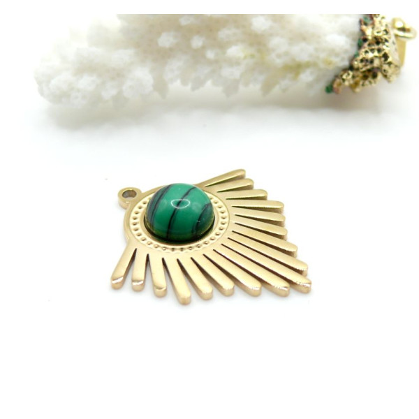Pendentif Éventail Art Déco 27 mm avec Malachite Synthétique – Acier Inoxydable 304 Doré, Placage Ionique