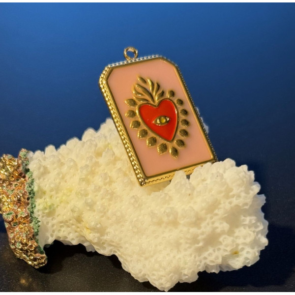 Pendentif Rectangle Cœur Ex Voto 28mm, résine émaillée – Acier Inoxydable 304 Doré à l’or fin 18K, Placage IONIQUE