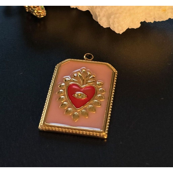 Pendentif Rectangle Cœur Ex Voto 28mm, résine émaillée – Acier Inoxydable 304 Doré à l’or fin 18K, Placage IONIQUE
