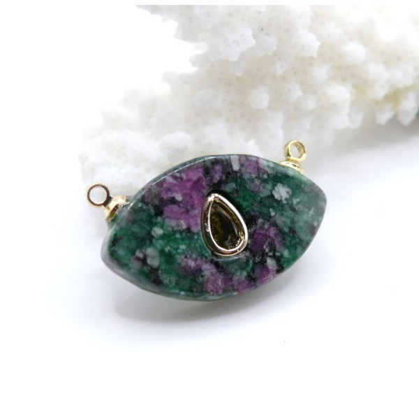 Connecteur Marquise Rubis Zoïsite 22 mm avec Zircon Goutte – Laiton Doré à l’Or Fin 18K