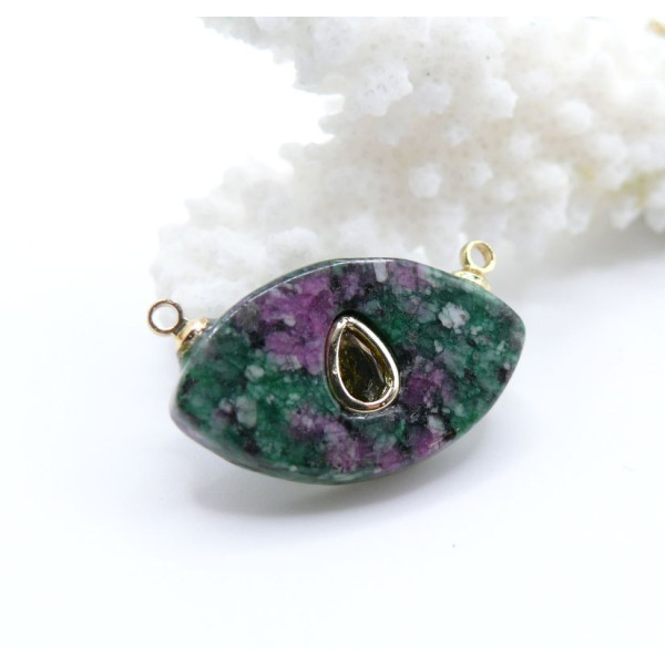 Connecteur Marquise Rubis Zoïsite 22 mm avec Zircon Goutte – Laiton Doré à l’Or Fin 18K