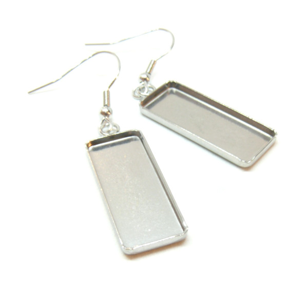 Supports de Boucles d'oreille Rectangle 10 par 25 mm, avec Crochet , Acier Inoxydable 304, finition ARGENT