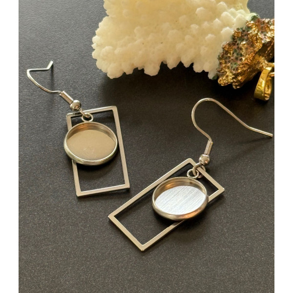 Supports de Boucles d’Oreilles Crochet Rectangle pour Cabochon Rond 12mm – Acier Inoxydable Argent Platine