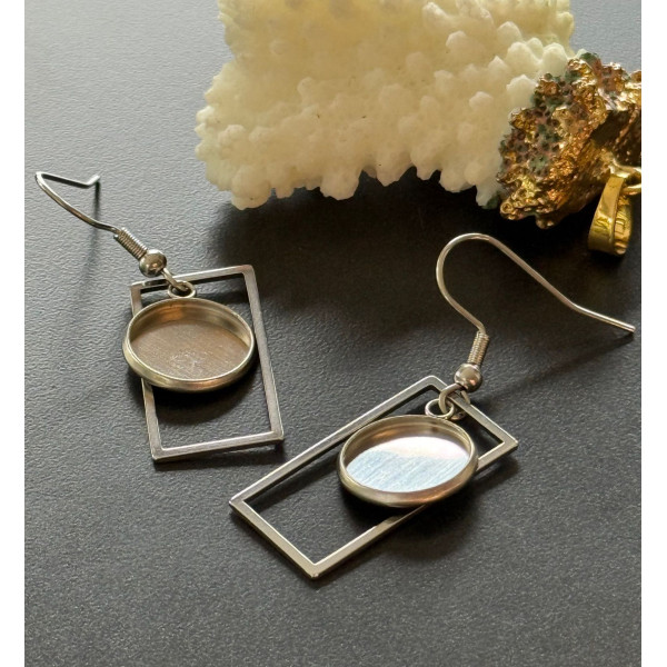 Supports de Boucles d’Oreilles Crochet Rectangle pour Cabochon Rond 12mm – Acier Inoxydable Argent Platine