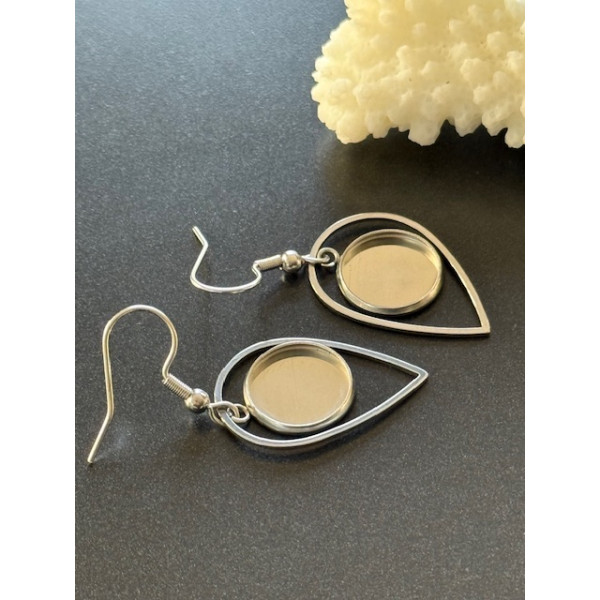 Supports de Boucles d’Oreilles Crochet Goutte pour Cabochon Rond 12mm – Acier Inoxydable Argent Platine