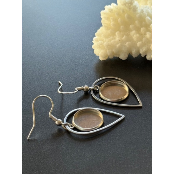 Supports de Boucles d’Oreilles Crochet Goutte pour Cabochon Rond 12mm – Acier Inoxydable Argent Platine