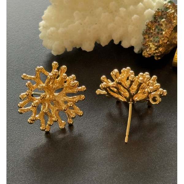Boucles d’Oreilles Puce avec Anneau d’Attache Forme Corail 3D 20 mm – Laiton Doré à l’Or Fin 18K