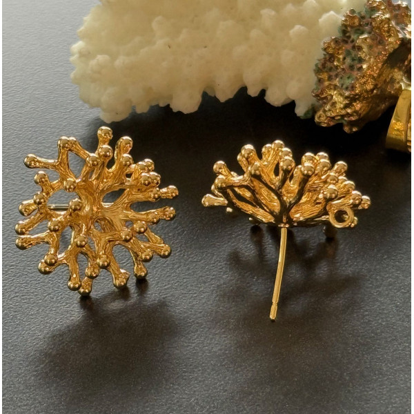Boucles d’Oreilles Puce avec Anneau d’Attache Forme Corail 3D 20 mm – Laiton Doré à l’Or Fin 18K