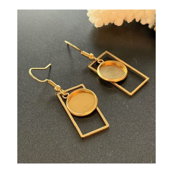 Supports de Boucles d’Oreilles Crochet Rectangle pour Cabochon Rond 12mm – Acier Inoxydable Doré