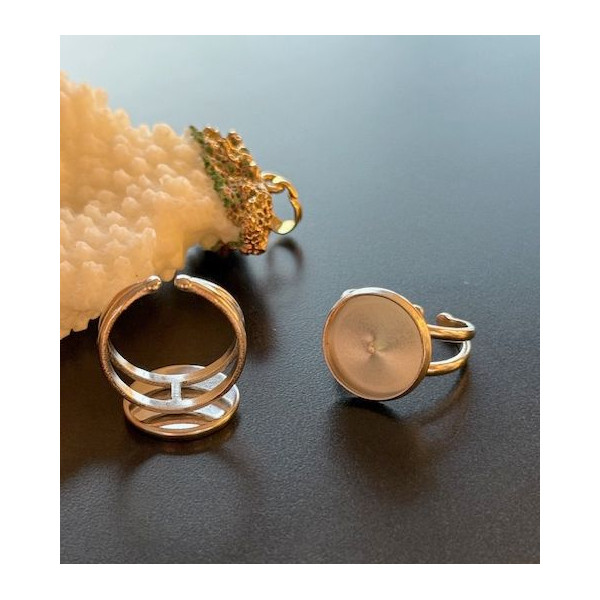 Support de Bague Ajustable pour Cabochon Rond 14 mm, Anneau Double – Acier Inoxydable 304 Argent
