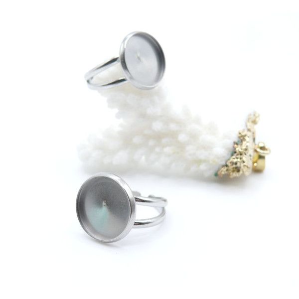 Support de Bague Ajustable pour Cabochon Rond 14 mm, Anneau Double – Acier Inoxydable 304 Argent