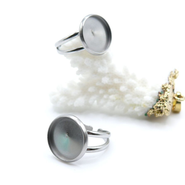 Support de Bague Ajustable pour Cabochon Rond 14 mm, Anneau Double – Acier Inoxydable 304 Argent