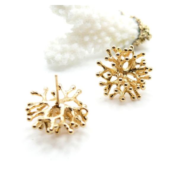 Boucles d’Oreilles Puce avec Anneau d’Attache Forme Corail 3D 20 mm – Laiton Doré à l’Or Fin 18K