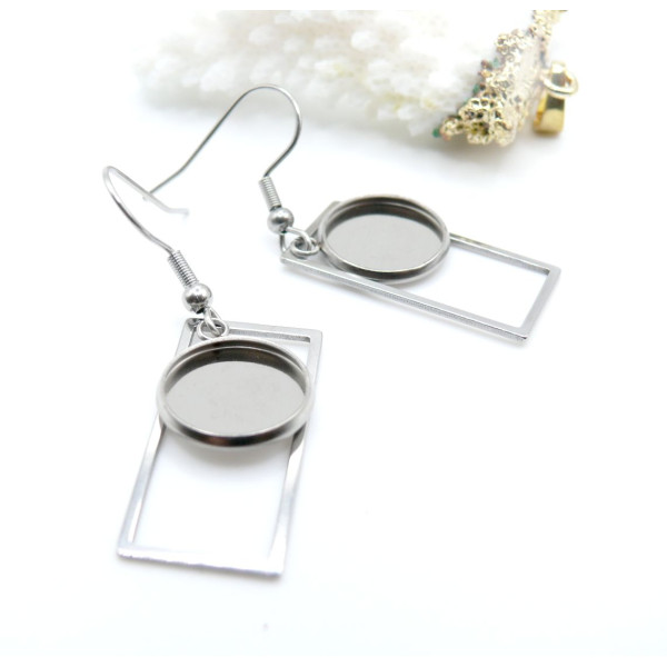 Supports de Boucles d’Oreilles Crochet Rectangle pour Cabochon Rond 12mm – Acier Inoxydable Argent Platine