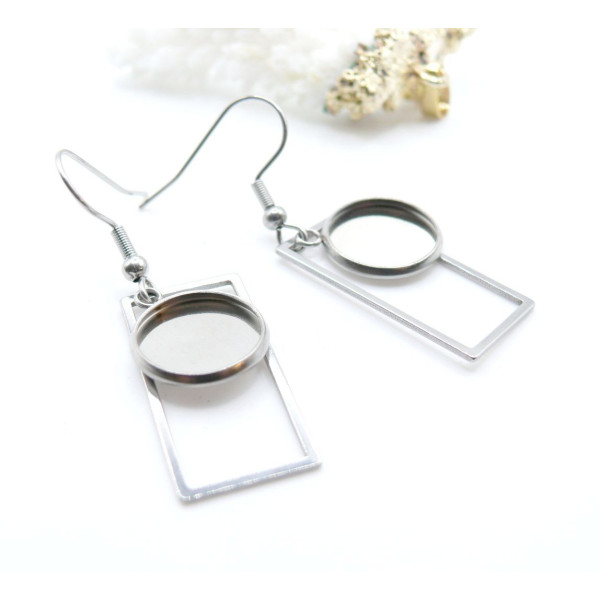 Supports de Boucles d’Oreilles Crochet Rectangle pour Cabochon Rond 12mm – Acier Inoxydable Argent Platine