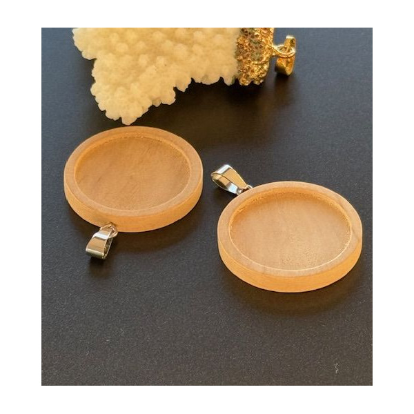 Supports de Pendentif pour Cabochon 25 mm avec Bélière – Bois & Acier Inoxydable
