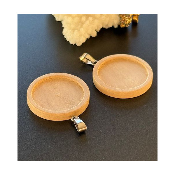 Supports de Pendentif pour Cabochon 25 mm avec Bélière – Bois & Acier Inoxydable
