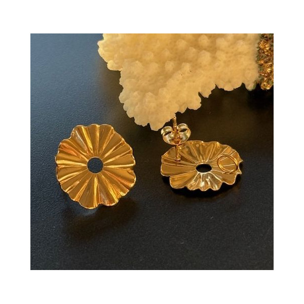 Boucles d’Oreilles Puce Soleil Fleur avec Anneau d’Attache 19 mm – Acier Inoxydable 304 Doré