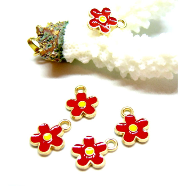 Breloques Fleurs 10 mm – Résine Style Émaillé Rouge – Base Dorée