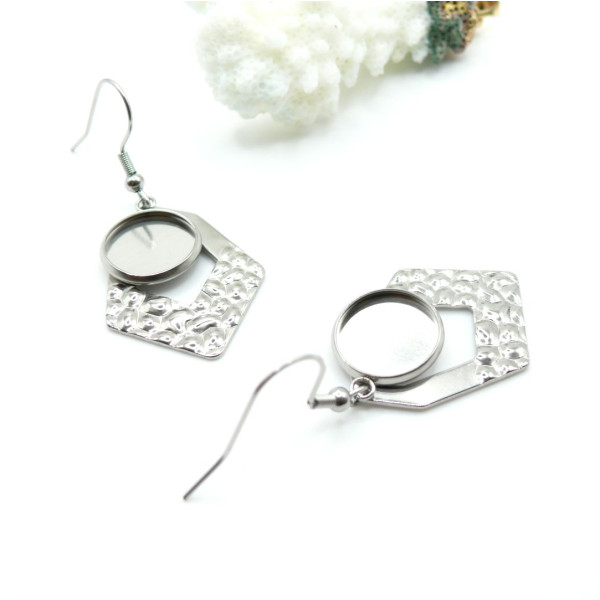 Supports de Boucles d’Oreilles Polygone Martelé 12 mm – Acier Inoxydable 304 Argenté