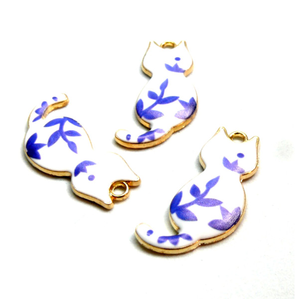 Pendentifs Breloques Chat Émaillé 30mm – Métal Doré