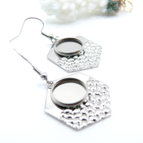 Supports de Boucles d’oreilles Hexagone martelé 12 mm – Acier Inoxydable 304 Argenté