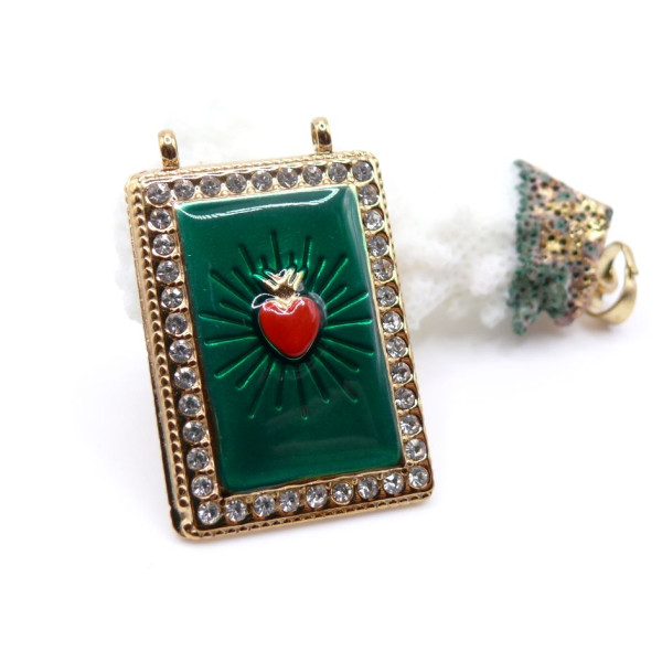 Pendentif Rectangle Cœur Ex Voto 36 mm, résine émaillée et strass – Acier Inoxydable 304 Doré à l’or fin 18K, PVD