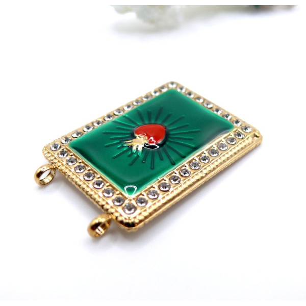 Pendentif Rectangle Cœur Ex Voto 36 mm, résine émaillée et strass – Acier Inoxydable 304 Doré à l’or fin 18K, PVD