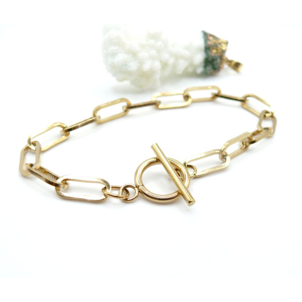 Bracelet  20.5cm maille Ovale rectangle 14mm et T Toggle  – Acier Inoxydable 304 Doré PVD