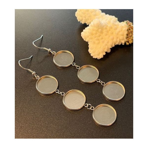 Supports de Boucles d’Oreilles Crochet Triple Cabochon 12 mm – Acier Inoxydable 304 Argenté