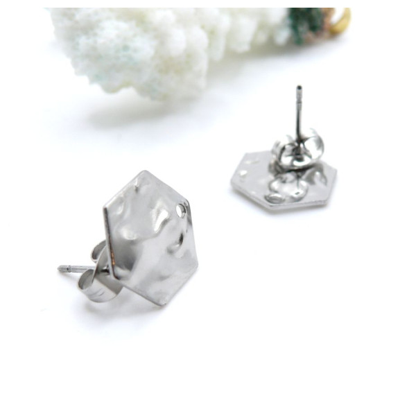 Boucles d’oreilles Puces Hexagone Martelé 12mm – Acier Inoxydable 304 Argenté avec Embouts