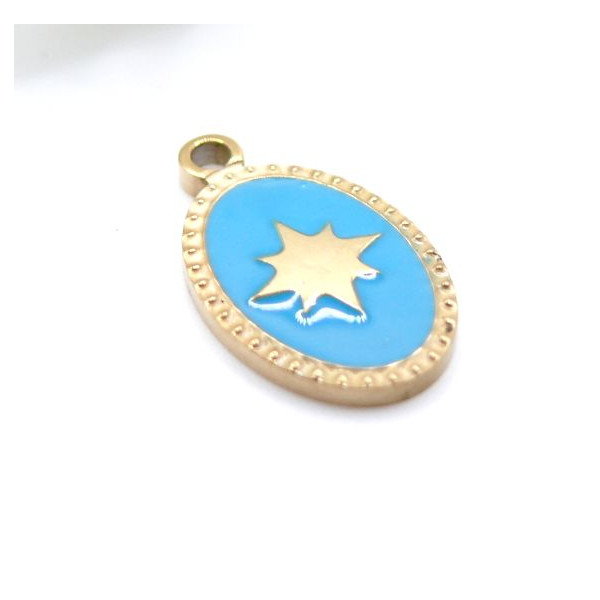 Pendentif Ovale avec étoile 15 mm en résine émaillée Bleu – Acier Inox 304 Doré à l’or fin 18K, PVD