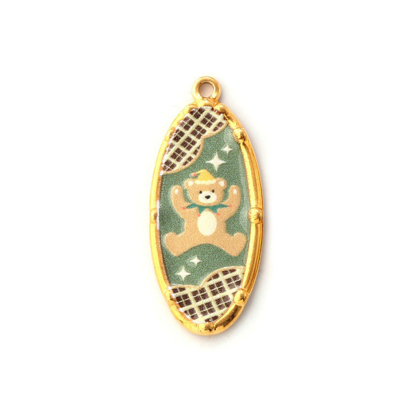 Pendentif Ovale avec Ourson 34 mm – Acier Inoxydable 304 Doré à l’Or Fin 18K PVD