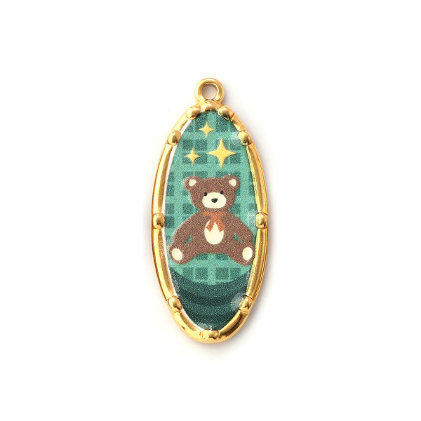 Pendentif Ovale avec Ourson 34 mm – Acier Inoxydable 304 Doré à l’Or Fin 18K PVD