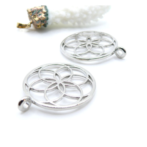 Pendentifs Médaille Mandala 30mm – Métal Argent Platine