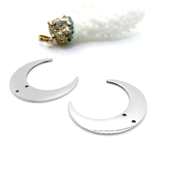 Pendentifs Connecteurs Corne de Buffle Lune 30mm, Acier Inoxydable Argenté