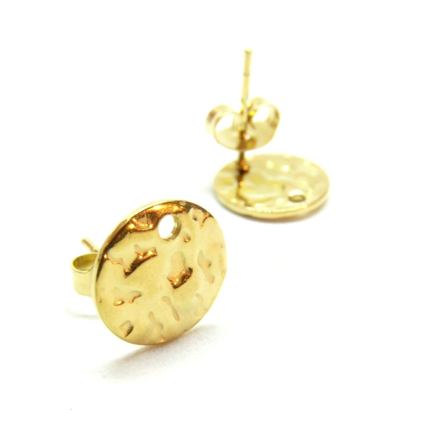 Boucles d'oreille Puces Rond Martelé 12.5mm – Acier Inox 304 Doré à l' Or fin 18K