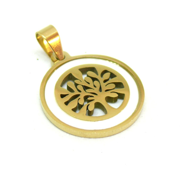 Pendentif Médaillon Nacre et Arbre 23mm – Acier Inoxydable Doré