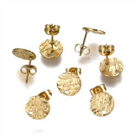 Boucles d'oreilles Puces Rond Martelé 10mm avec trou – Acier Inoxydable 304 Doré Placage Ionique