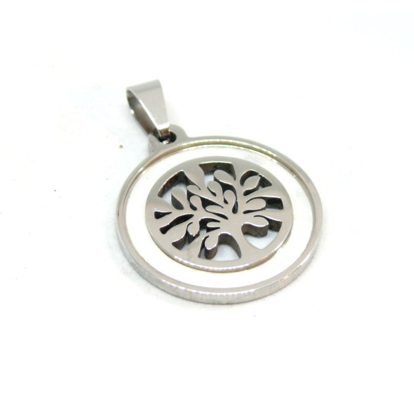 Pendentif, Médaillon Nacre et Arbre 20mm,  Acier Inoxydable coloris Argent